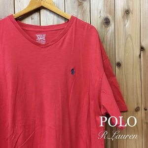 〈POLO R.Lauren〉ポロ ラルフローレン◆メンズ size L オレンジ系 半袖 Tシャツ Vネック トップス ロゴ刺繍 シンプル アメカジ☆ USA古着