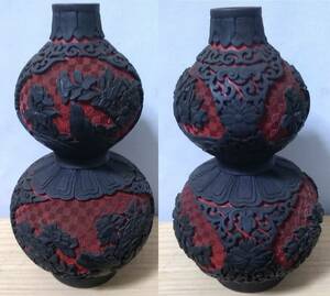 中国美術　剔黒文瓢箪形瓶　（唐物堆朱堆黒花瓶）　煎茶道具　古美術品　香道具