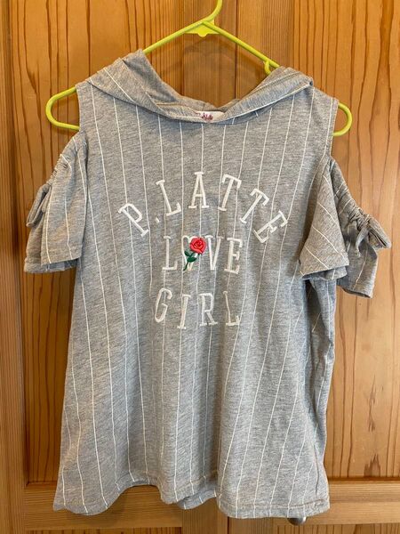 半袖Tシャツ 肩出し グレー 縦じま ジュニアS