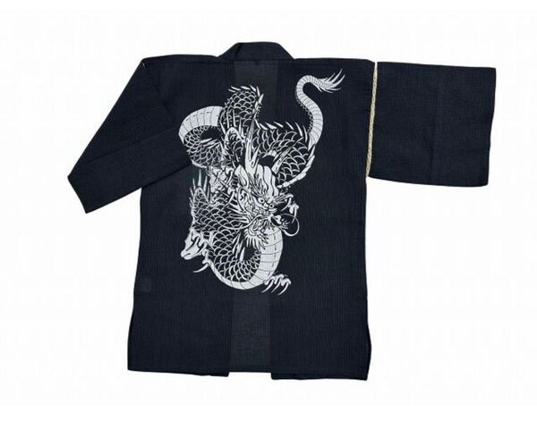 甚平 はっぴ はんてん しじら織り綿100% 捺染 にらみ龍 紺 大人L