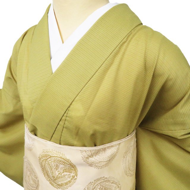 夏物 色無地 着物 中古 ポリエステル 絽 カジュアル 紋なし 若苗色 身丈159cm 裄67.5cm M きもの北條 A1060-10