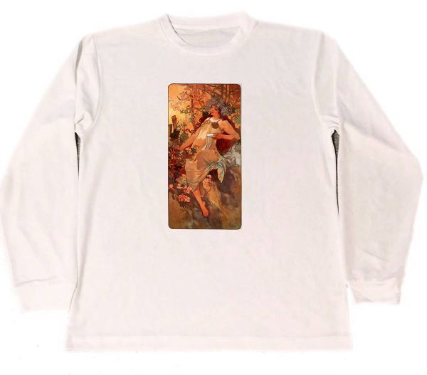 Alphonse Mucha Dry T-Shirt Herbst Meisterwerk Malerei Kunst Langes T-Shirt Langarm, Mittlere Größe, Rundhals, Brief, Logo