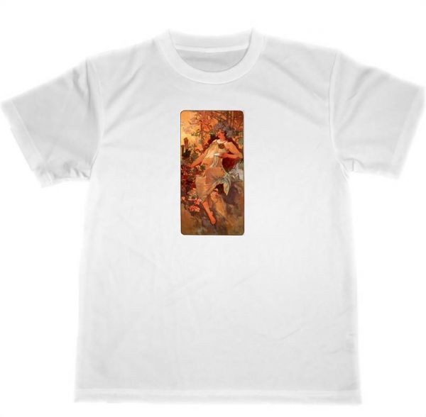 Alphonse Mucha Dry T-Shirt Herbst Meisterwerk Malerei Kunst, Mittlere Größe, Rundhals, Brief, Logo