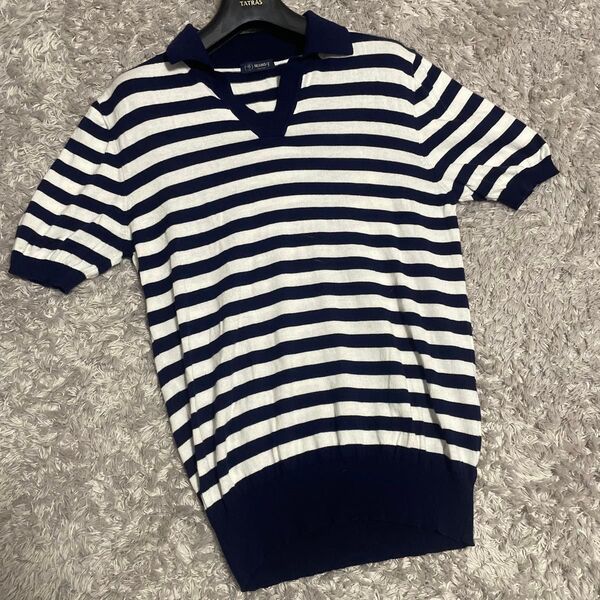 極美品 BEAMS F ニットポロ 半袖 48 スキッパー ボーダー イタリア製