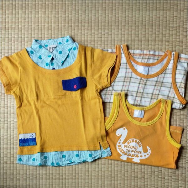 【夏物3枚セット】110(タンクトップ100)重ね着風半袖Tシャツ1枚&タンクトップ2枚★男の子 まとめて キムラタン カテ変可