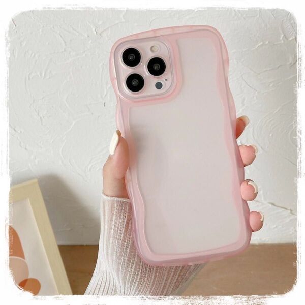 iPhone 15 pro スマホケース ピンク シリコン クリア カバー ウェーブ ショルダーストラップ 2way 韓国 大人気