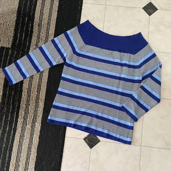 美品 PINKY&DIANNE ピンキーアンドダイアン 八分袖 トップス マルチボーダーニット 紺×青 38 ネイビー×ブルー 定価18360円