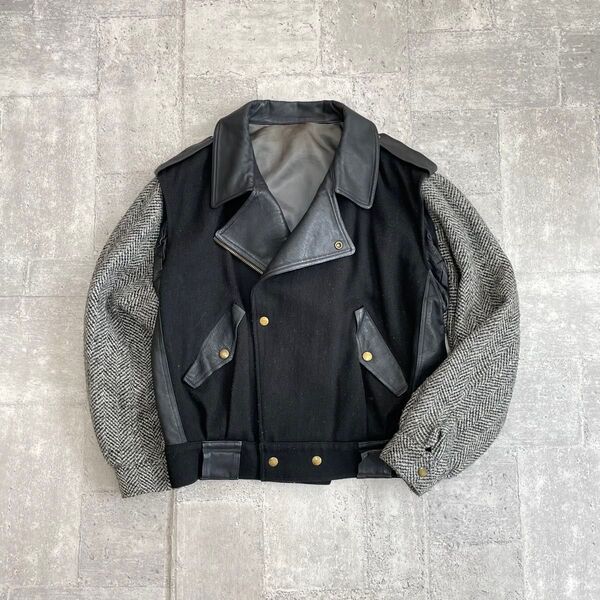 70~80's vintage レザー切替 ライダースジャケット 千鳥柄 ブラック 50