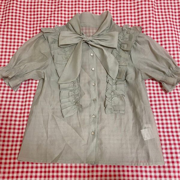 【美品】フリルリボンブラウス グリーン ガーリー 半袖 夏服