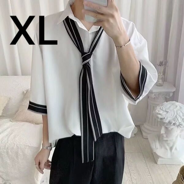 【残りわずか】メンズシャツ 七分袖 ネクタイ 韓国 ストリート系 ユニセックス 男女兼用 ストライプ 白 XL