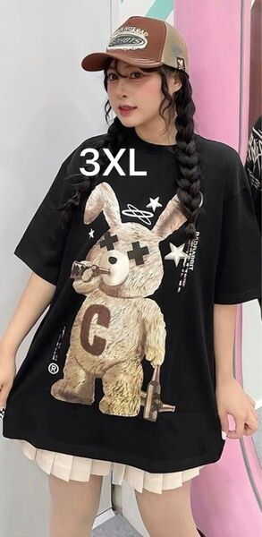 大人気 病みかわ ストリート系 ユニセックス Tシャツうさぎ ゴシック ブラック 病み系 ストリート 地雷系 3XL