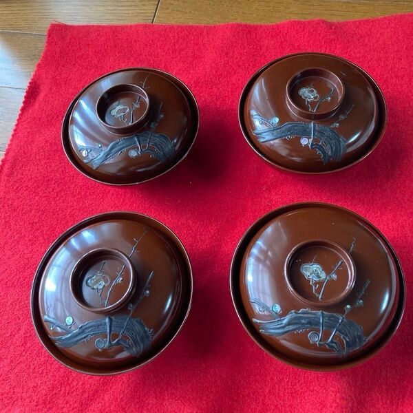 茶道具 輪島塗 吸物碗 汁椀 螺鈿入 梅古木絵 4客 /漆器 懐石 茶道 利休