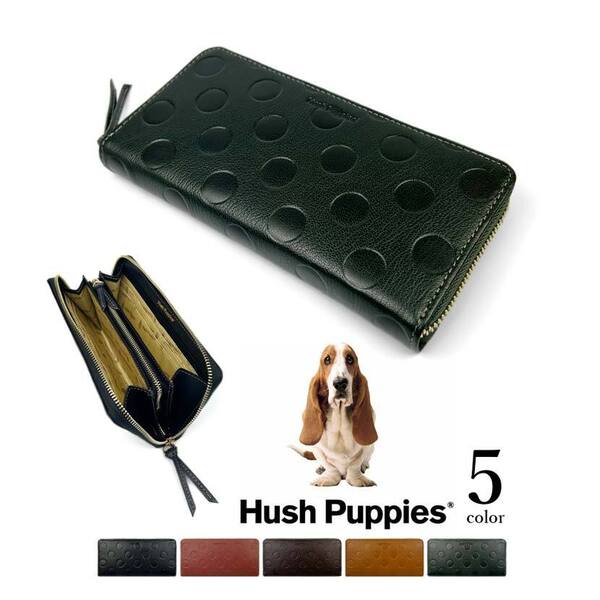 全5色 Hush Puppies ハッシュパピー ゴートレザー ドット柄 ラウンドファスナー長財布 本革