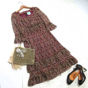 〔 送料込み 〕 VOICEMAIL ヴォイスメール パープル プリント 柄 楊柳 シルク フリル ワンピース ( 日本製 絹100% 上品 おでかけ イベント