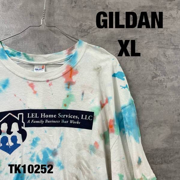 GILDAN ギルダン ホワイト Tシャツ 半袖 クルーネック メンズ XL カラー 絞り タイダイ プリントデザイン USA 海外輸入 古着 TK10252