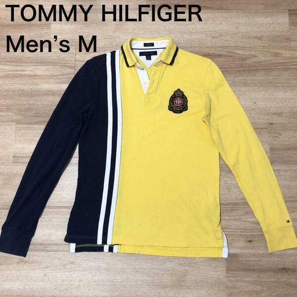 【送料無料】TOMMY HILFIGER長袖ポロシャツ 黄色ネイビー白 メンズMサイズ トミーヒルフィガー
