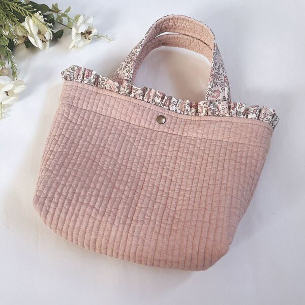 ハンドメイド*リバティ*ヌビバッグ フリル ミニトートバッグ 花柄 フェリシテ ベビーピンク