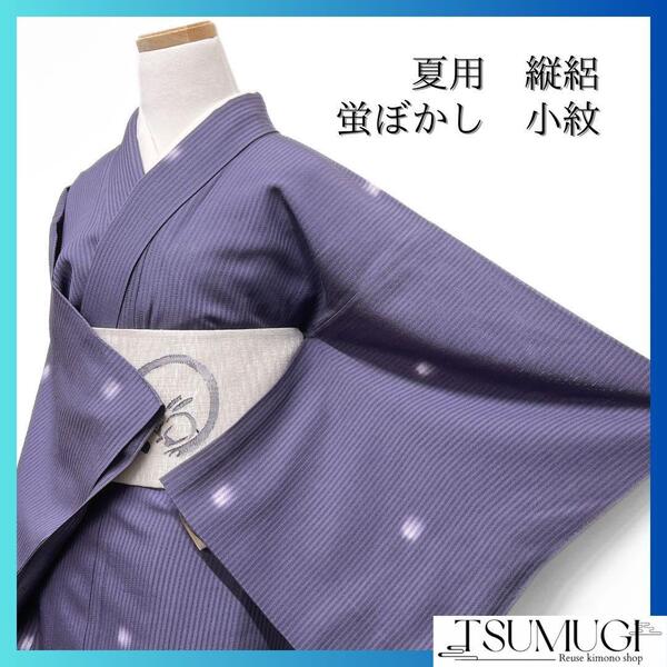 小紋 夏用 縦絽 蛍ぼかし 紫 ぼかし染め 着物 071w d