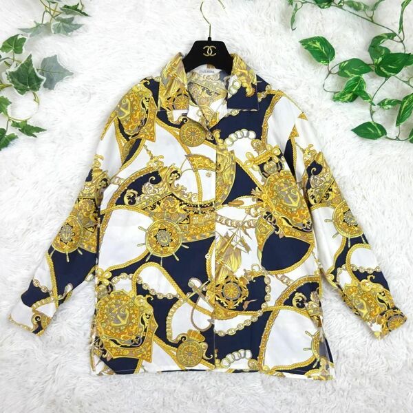 美品 90s レトロ ヴィンテージ ポリシャツ 開襟シャツ 金ボタン ビッグシルエット スカーフ柄 総柄 チェーン 帆船 操舵輪 日本製