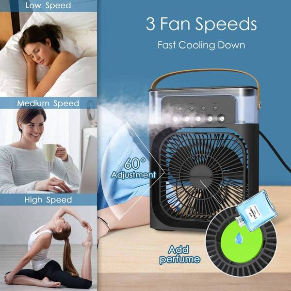 ◆送料無料◆3 in 1 ミニエアクーラーファン 7色LEDナイトライト ポータブル加湿器 空気調整 オフィス 家庭用 寮
