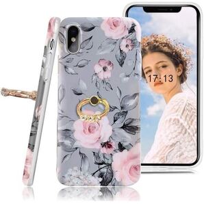 d352 iPhone XS Max 用 ケース リング付き かわいい 花柄 ソフト TPU保護カバー 衝撃吸収 フラワー 薄型 軽量 女の子 (6.5,ピンクの牡丹)