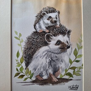 水彩画 仲良しハリネズミ母子
