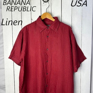 sh●775 USA古着 バナナリパブリック 柄織り リネンシャツ L~XL 暗め赤 オールド 半袖 春夏 ストライプ バナリパ 麻