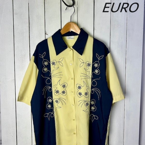sh●782 EURO古着 00s 刺繍入り2トーン切替えブラウス シャツ 42 薄黄×紺 オールド ヴィンテージ ユーロ 半袖 春夏 薄手 ポリシャツ
