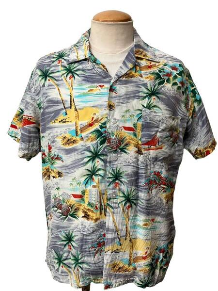 1960s ヴィンテージ South Pacific アロハ シャツ M グレー系 レーヨン ビンテージ オープンカラー xpv