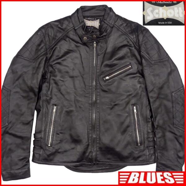 即決★アメリカ製 Schott★メンズ M レザーライダースジャケット ショット USA 黒 本革 シングル 本皮 立襟 羊革 ラムレザー