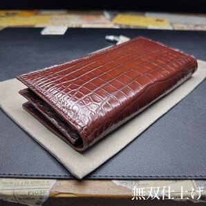 【実物撮影】新品 クロコダイル メンズ 長財布 ラウンドファスナー 未使用 送料無料 ワニ 鰐 腹革 ダークブラウン 折財布 無双仕上げ 即決