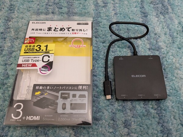 ◎0608u1430 エレコム USB3.1 Type-C ハブ 3ポート(A×2/Type-C×1) HDMI出力 PC充電用Type-C×1 バスパワー U3HC-DC03BBK