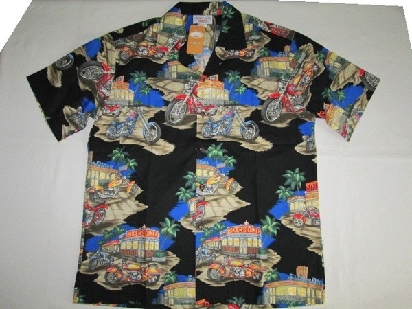 ★新品 ハワイで購入 MADE IN HAWAII ハワイ製 PACIFIC LEGEND パシフィックレジェンド アロハシャツ L ブラック 黒 バイク柄 ハワイアン★