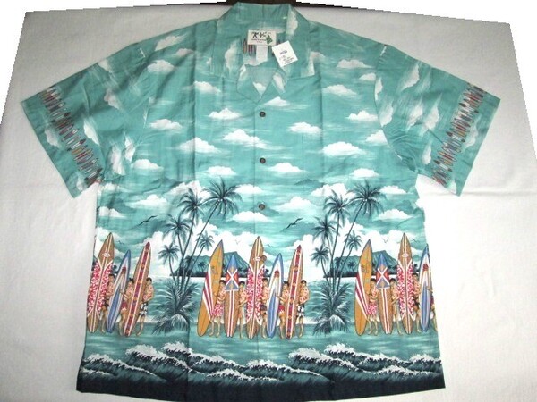 ★新品 ハワイで購入 MADE IN HAWAII ハワイ製 KY'S アロハシャツ 2XL サーフボード柄 薄緑 ココナッツボタン ビッグサイズ ハワイアン★
