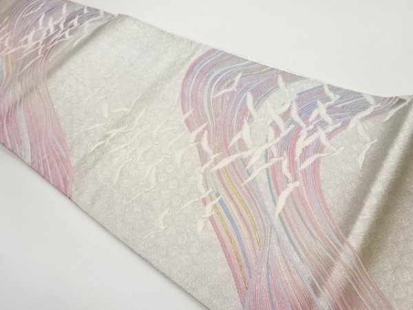 ys7150252; 佐賀錦変わり波に鳥模様織出し袋帯【着】