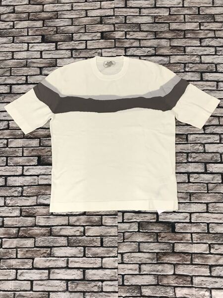 新品★HERMES エルメス★カシミヤ混ワッフルカラーライン切替半袖ニット Tシャツ