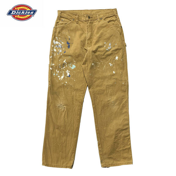 USA 古着 Dickies ディッキーズ ダックコットン ペインターパンツ ワークパンツ W34 L32 ブラウン ペンキ 作業着 CG0093