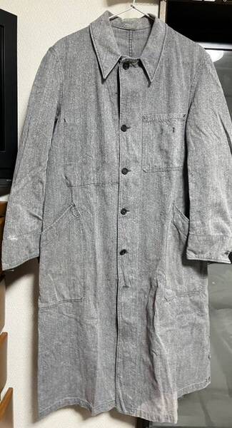 Euro vintage フランス軍 アトリエコート ブラックシャンブレー 黒ごま ステンカラーコート ロングコート ユーロヴィンテージ