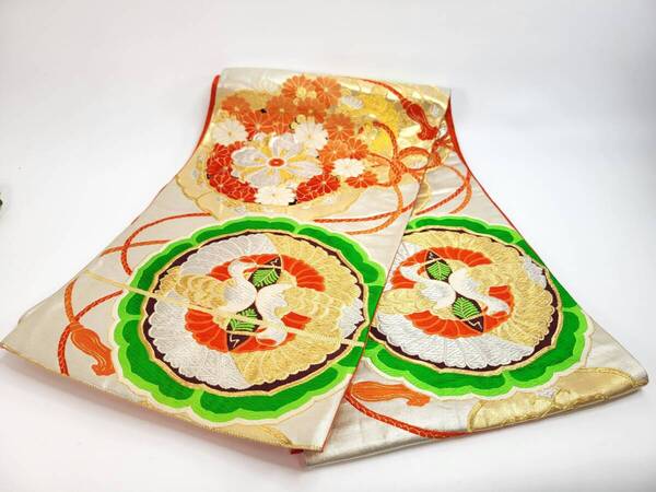 【送料無料・J03-あ13】袋帯 六通柄袋帯 唐織 菊鶴紋様 着物 和服 銀線 金線