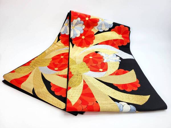 【送料無料・J03-あ16】袋帯 菊紋様 着物 和服 銀線 金線