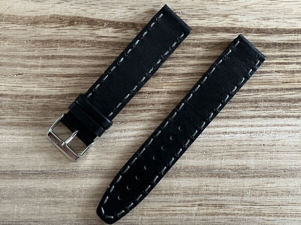 即決!送料無料!フランス直輸入 レザー時計ベルト 20mm ブラック グレーハンドステッチ ビンテージ デッドストック品 A20-4