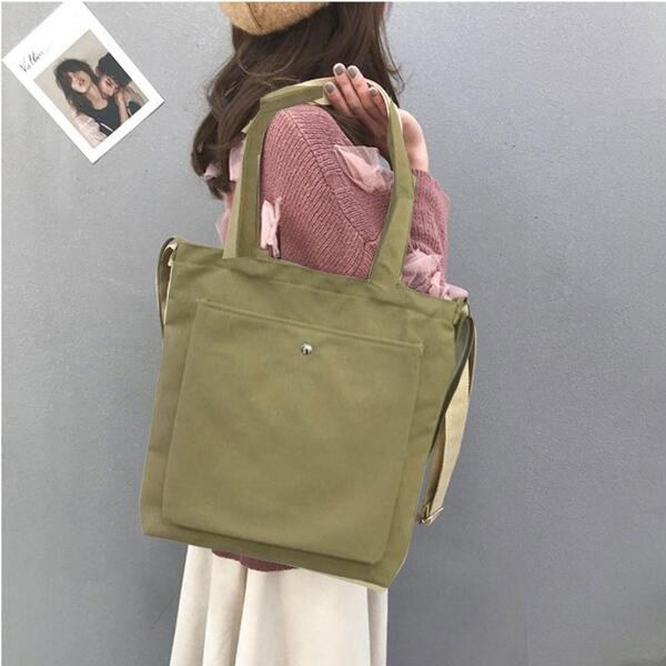 【新品】キャンバス トートバッグ 無地 2WAY ショルダー<カーキ>大容量 レディース メンズ 軽量 ファスナー 縦長 通勤 通学 肩掛け 茶色