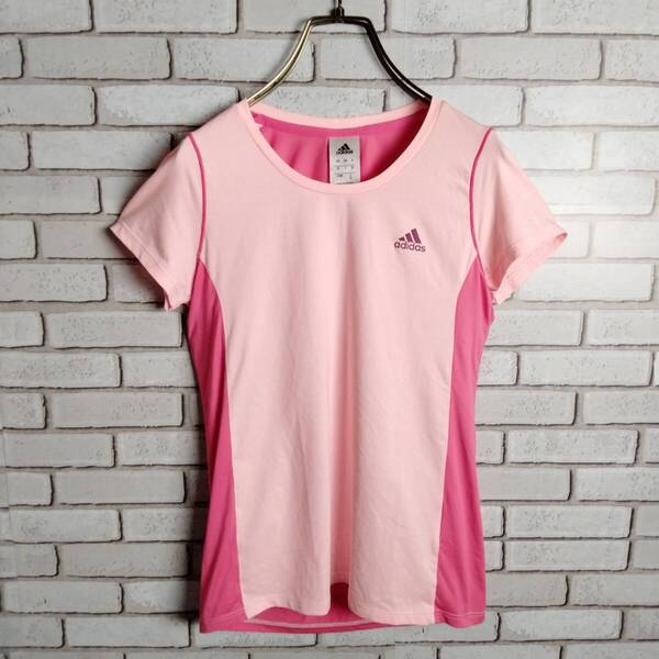 adidas☆アディダス Tシャツ 半袖 スポーツ トレーニングウェア クルーネック ロゴプリント 切替デザイン ボーダー ピンク レディース S