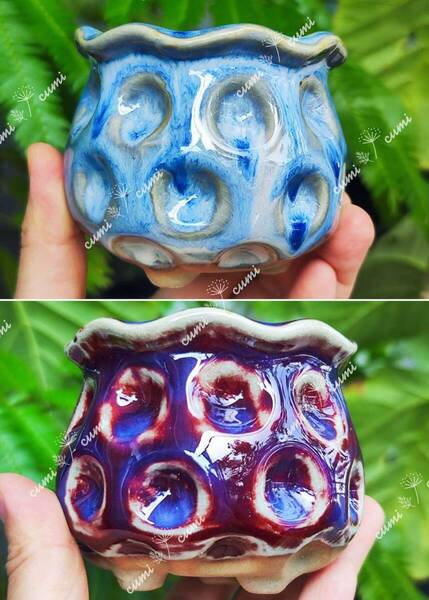 【複割】韓国 2個セット ブルー&パープル 凹凸 かわいい 窯変 植木鉢 室内 陶器 小鉢 多肉 植物 鉢植え 激安 レア インテリア