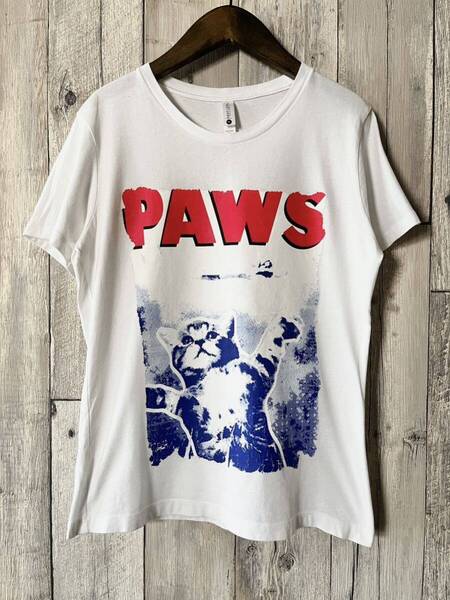 ■激かわパロT■ PAWS ネコ Tシャツ 肉球 子猫 JAWSパロディー USJコーデ ユニバコーデ レディースLサイズ にゃんこ ジョーズ