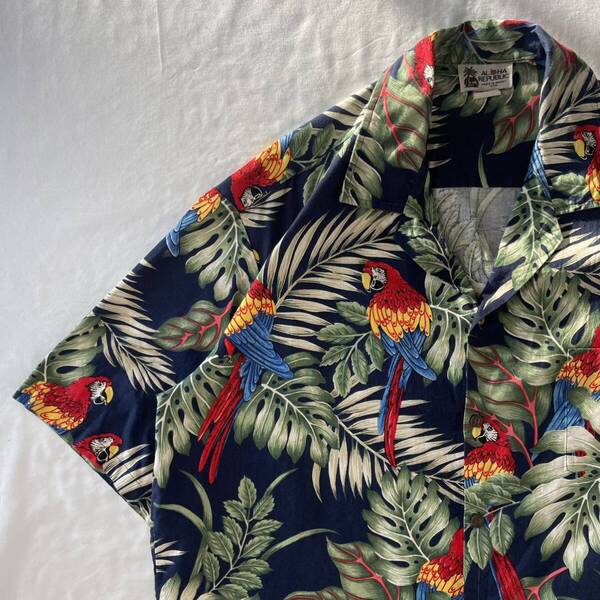 US Vintage アメリカ製 90s ALOHA REPUBLIC コットン オープンカラー 開襟 ボタニカル オウム ハワイアン アロハ 総柄 デザインシャツ