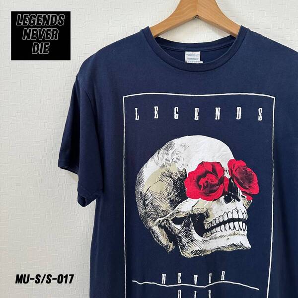 LEGENDS NEVER DIE スカル&ローズTシャツ Lサイズ ネイビー 薔薇 髑髏