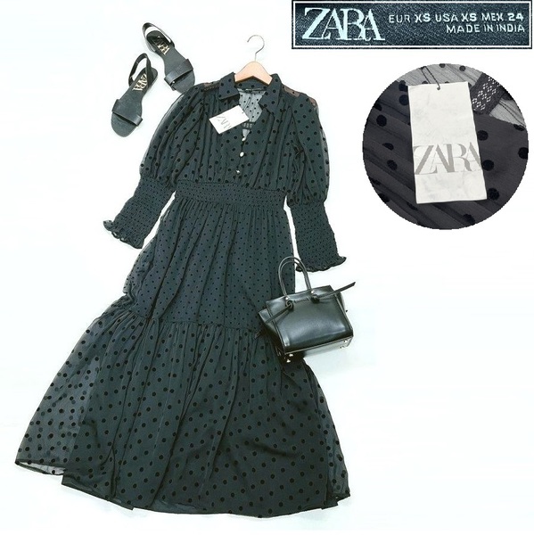 未使用品 /XS/ ZARA ブラック シアードットワンピース 長袖 タグ カジュアル 透け感 フェミニン 大人可愛いロング コットン デイリー ザラ
