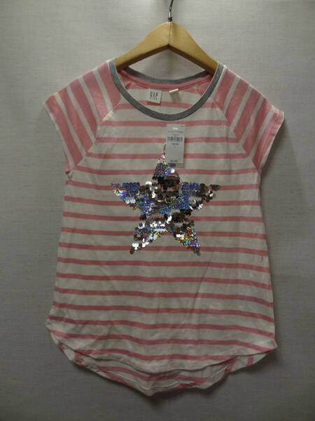 全国送料無料 新品 ギャップ キッズ GAP KIDS 子供服キッズ女の子 綿100%素材 星柄スパンコール付き 半袖 ピンクボーダーTシャツ 140(L)
