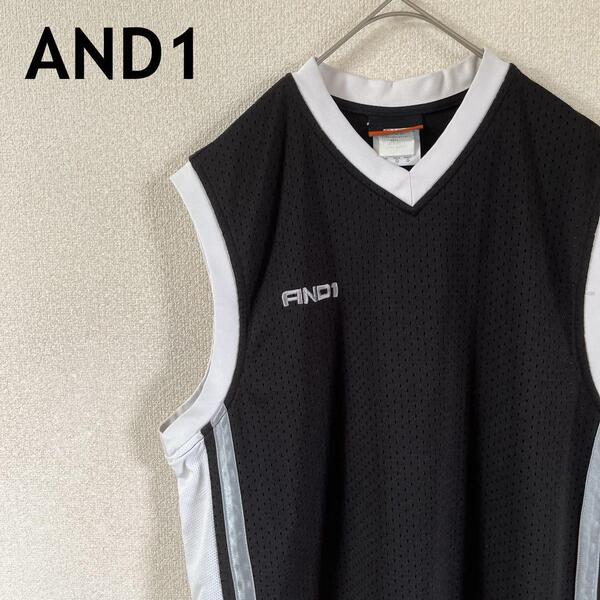 AND1 ノースリーブ ゲームシャツ タンクトップ Lメンズ 白黒バスケメッシュ